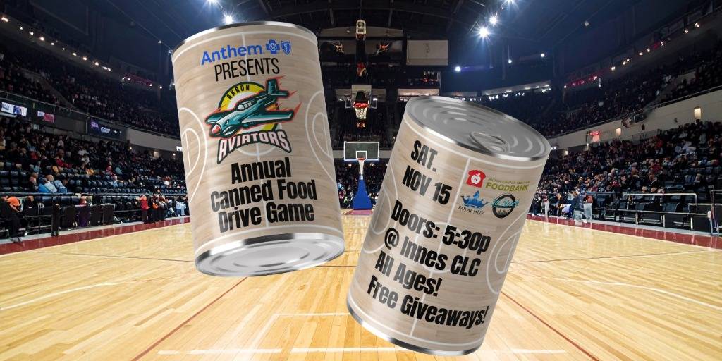 flyer for akron aviators annual canned food drive basketball game