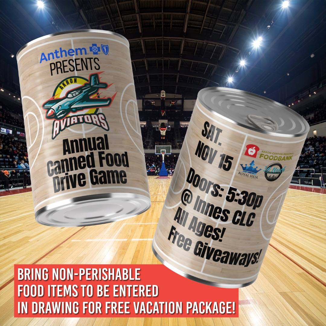 Akron Aviators canned food drive 2025 flyer for akron aviators annual canned food drive basketball game